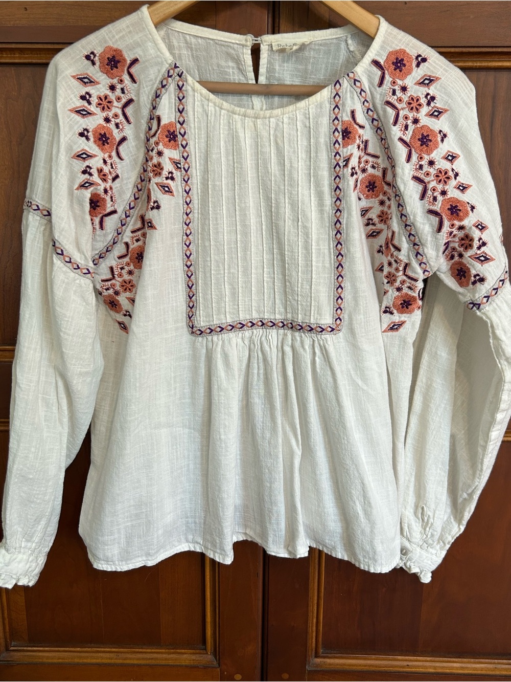 Rebellion White Tunic with Rust & Purple Embroidery. Size Large